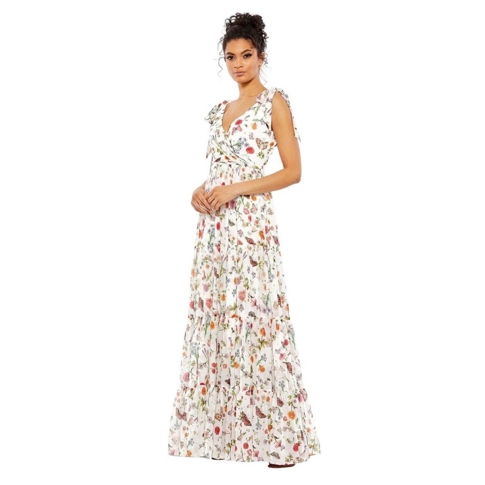 Ieena for Mac Duggal Floral Butterfly Tiered Maxi Dress 70198 White Size 2